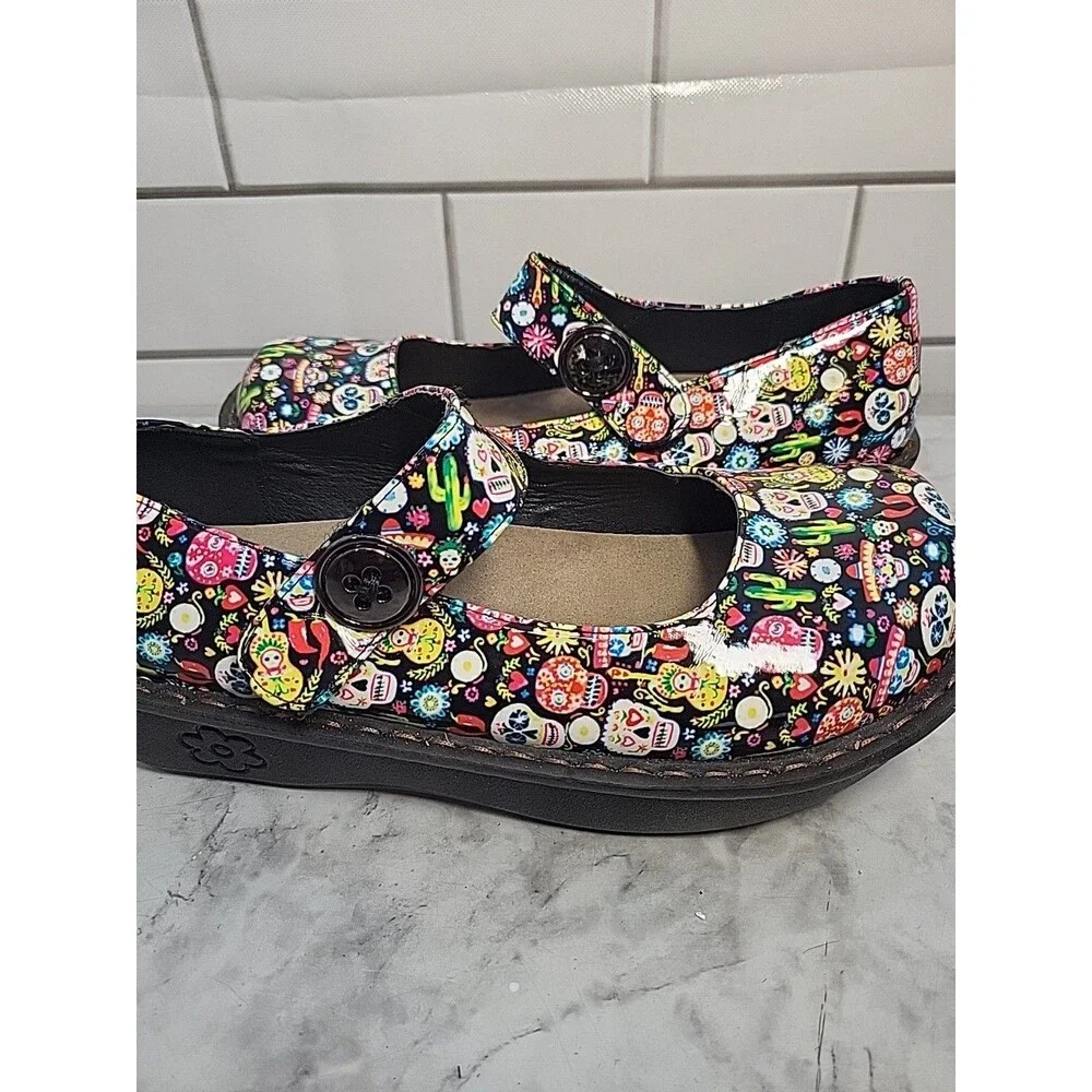 Savvy 9.5M Multicolor Skull Cactus Floral Pattern Work Mary Jane Nursing Shoes - Picture 5 of 7